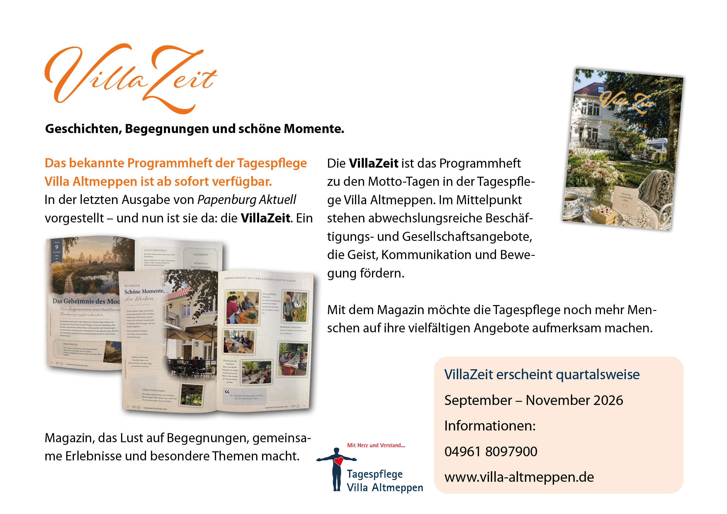 redaktioneller Text zum Thema VillaZeit, dem neuen Angebotsmagazin für die Tagespflege