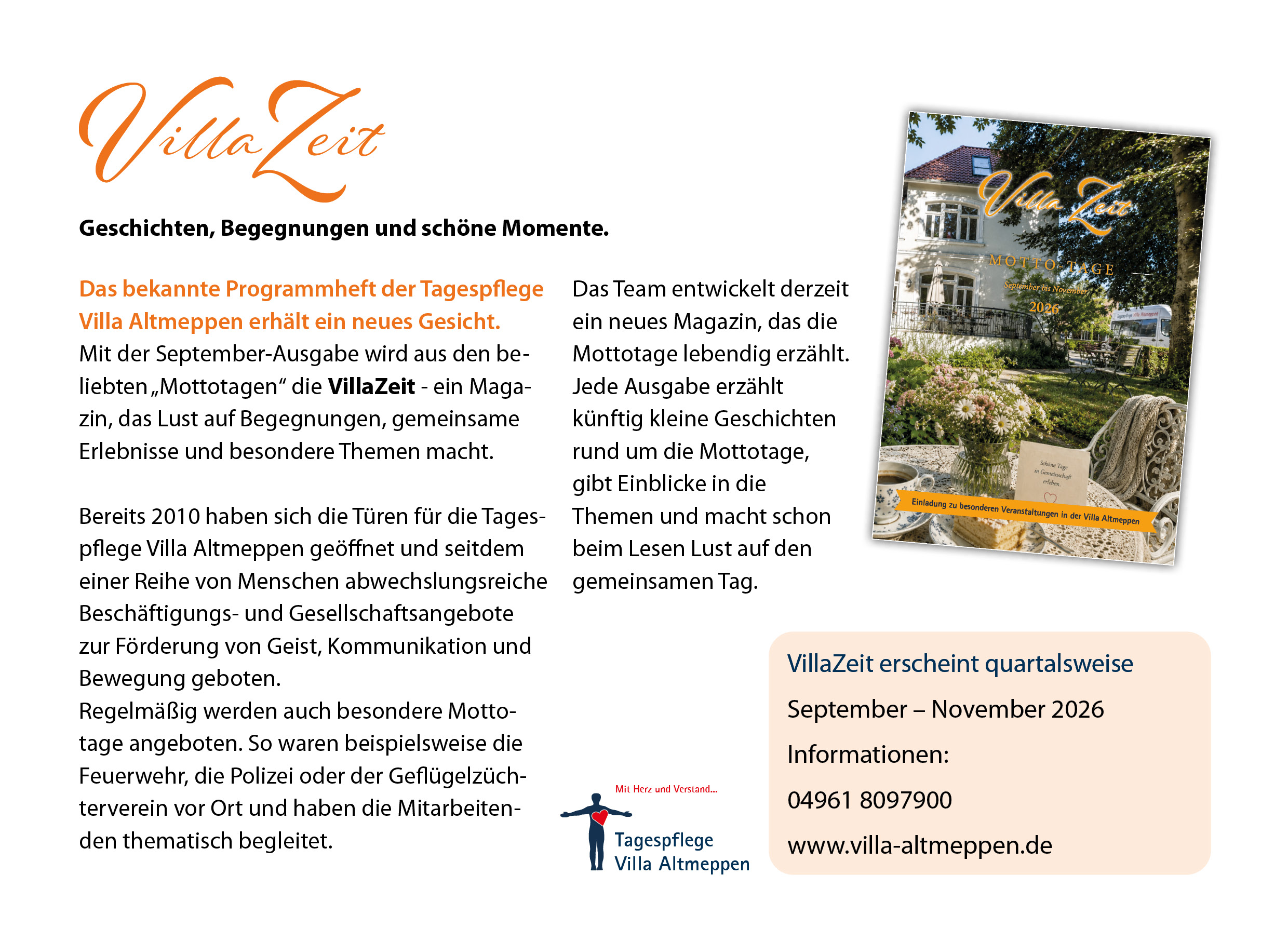 redaktioneller Text zum Thema VillaZeit, dem neuen Angebotsmagazin für die Tagespflege